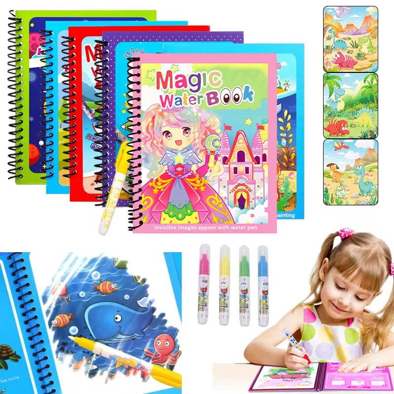 Reusable Water Magic Coloring Book - 만화 마법 물 그림책 물펜 포함